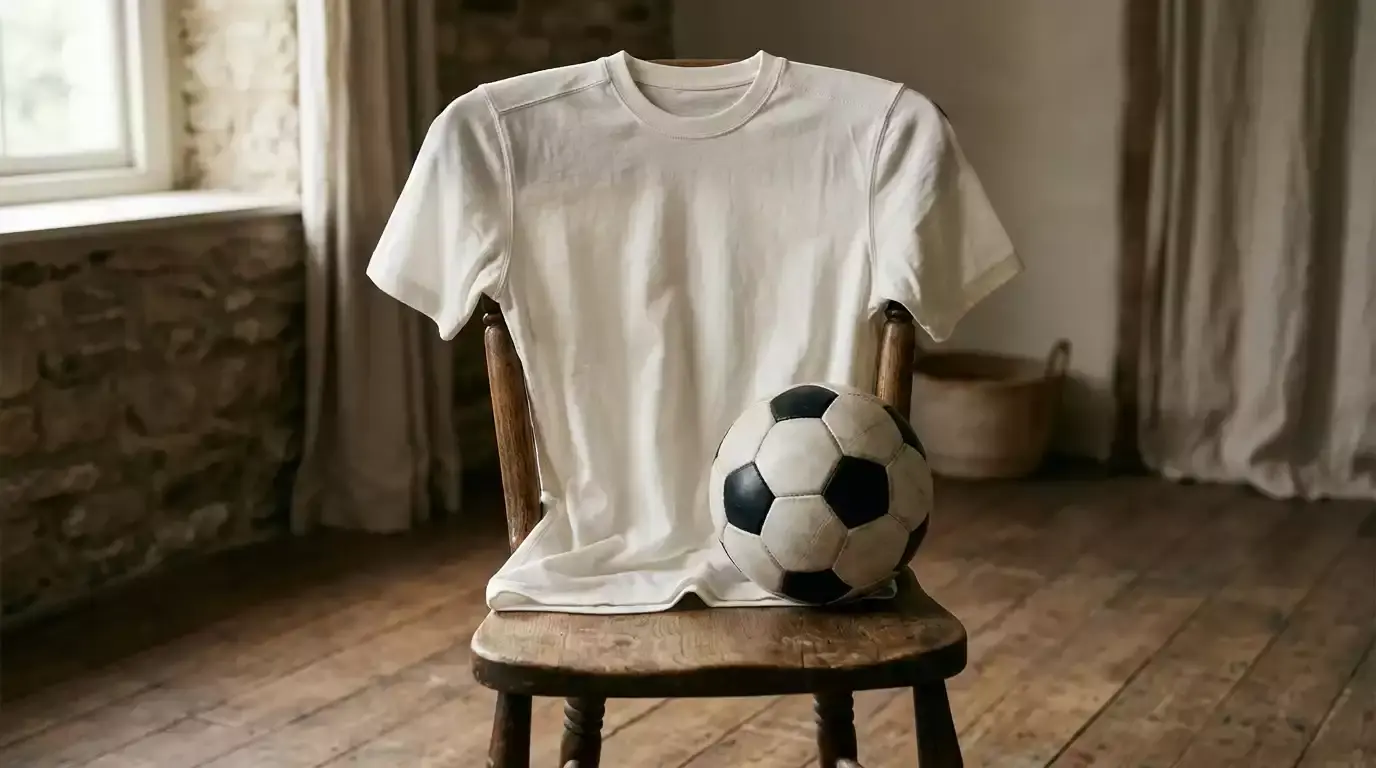 Fodboldtrøje uden logo hænger på træstol med fodbold ved siden