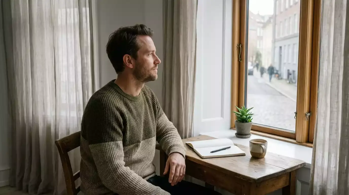 Person i tænkt positur ved et roligt vindue med notesbog og kop kaffe