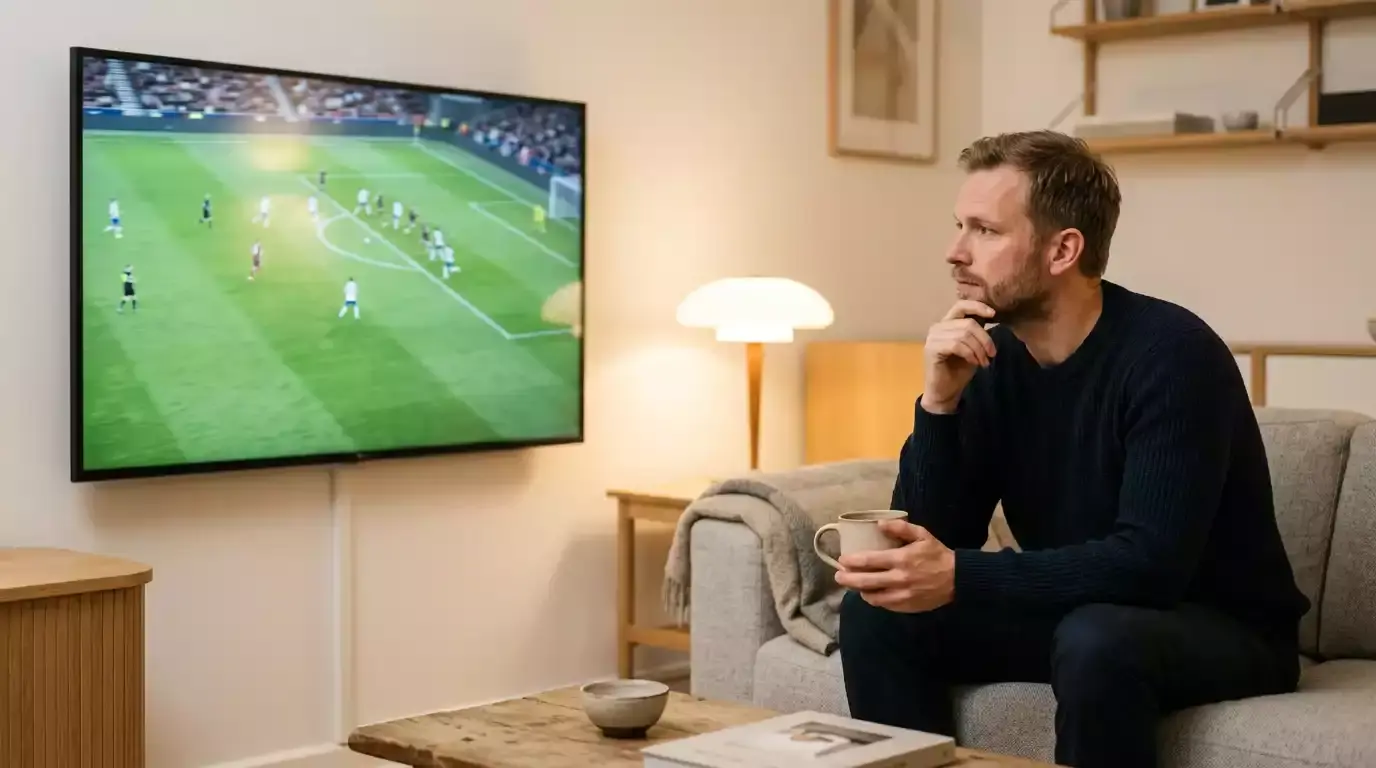 Eftertænksom dansk fodboldfan hjemme foran tv