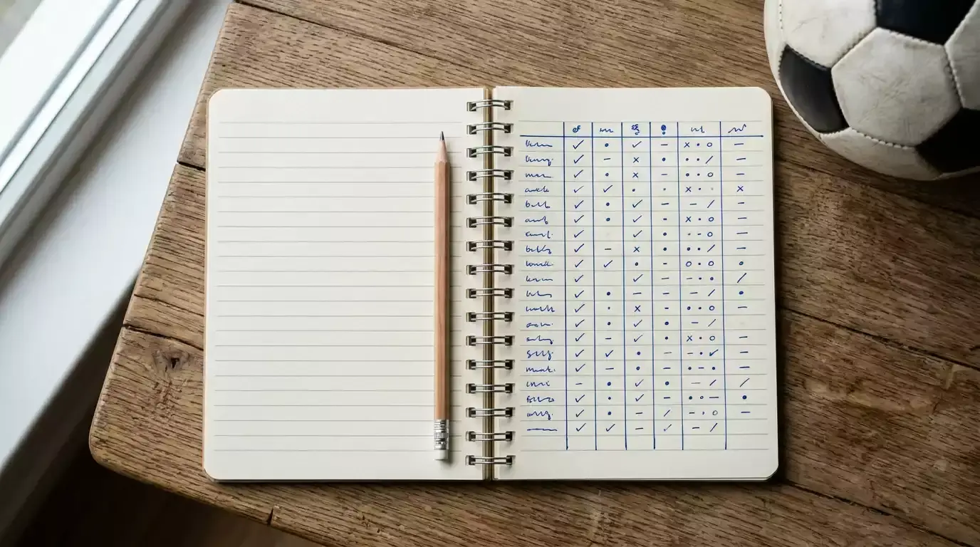 Spiralnotesbog med håndskrevne kolonner ved siden af fodbold