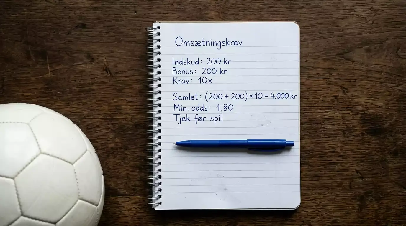 Notesbog med bonus-beregning og omsætningskrav ved siden af fodbold