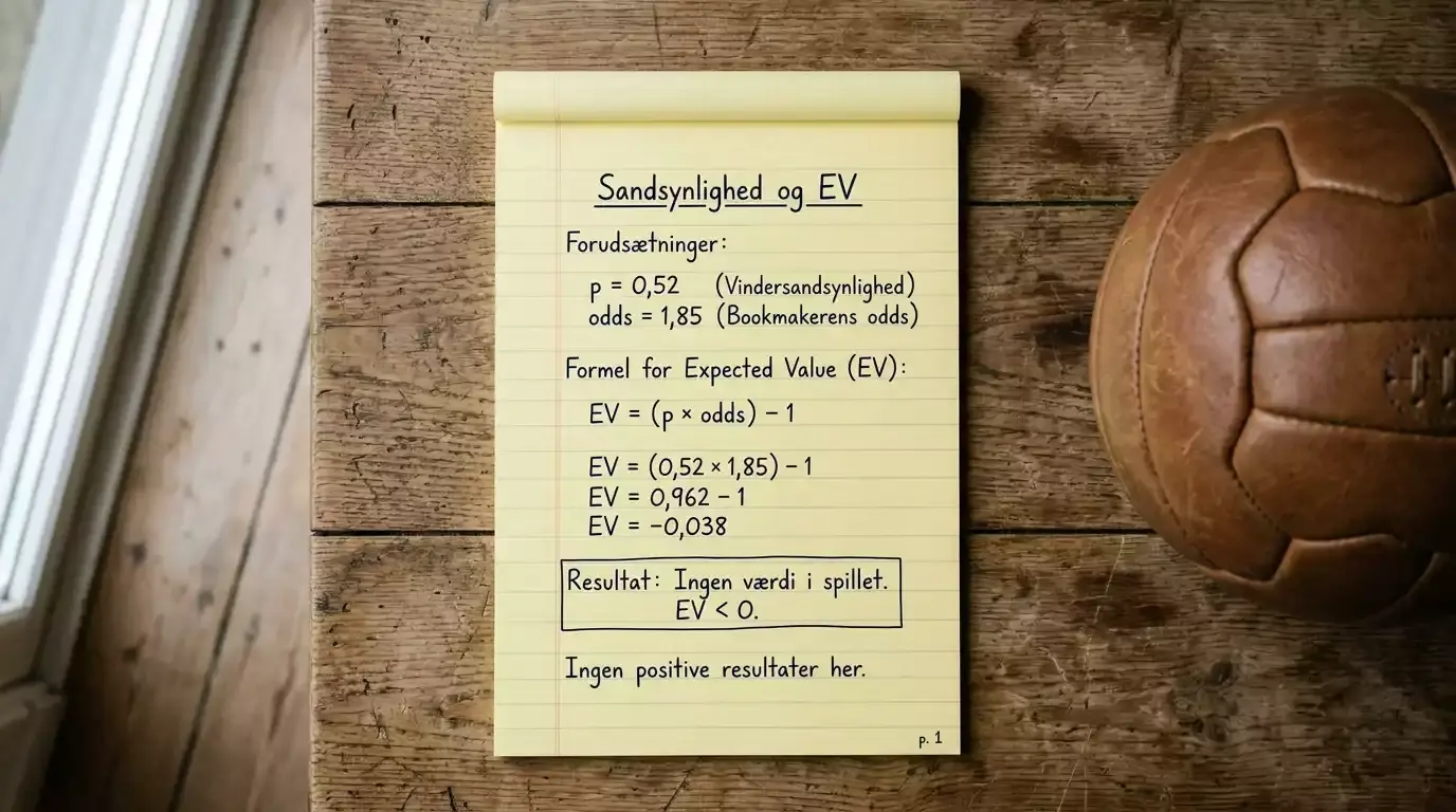 Håndskrevet EV-beregning ved siden af fodbold på træbord