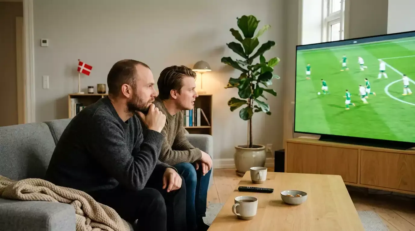Fodboldfans ser kamp hjemme i stuen med dansk flag i baggrunden