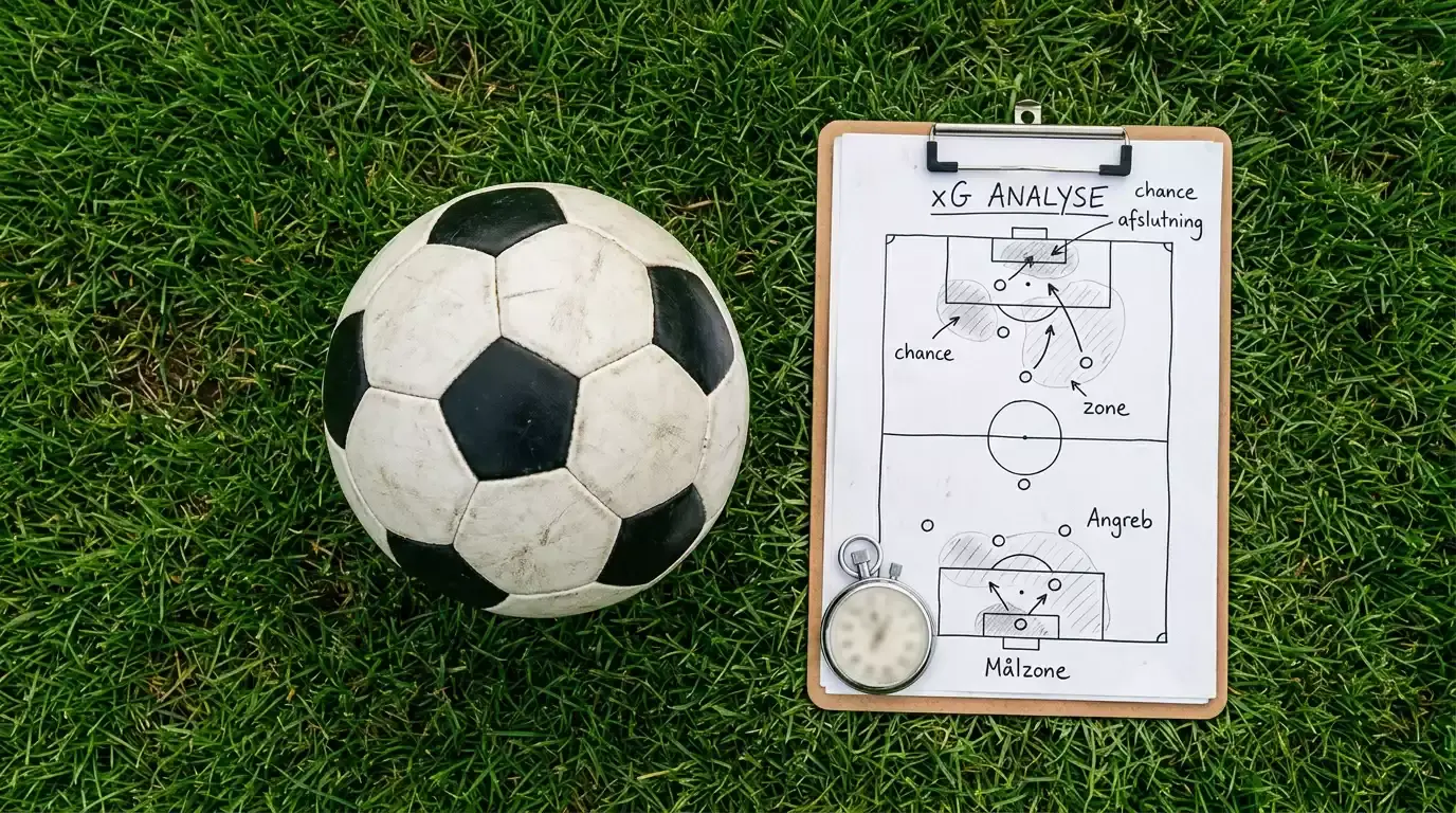 Fodbold på græsplæne med håndskrevne statistiske noter ved siden