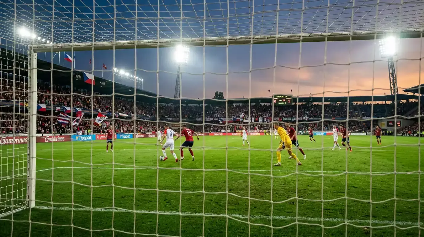 Dansk fodboldkamp i Parken med spændt publikum på tribunen under aftenlys