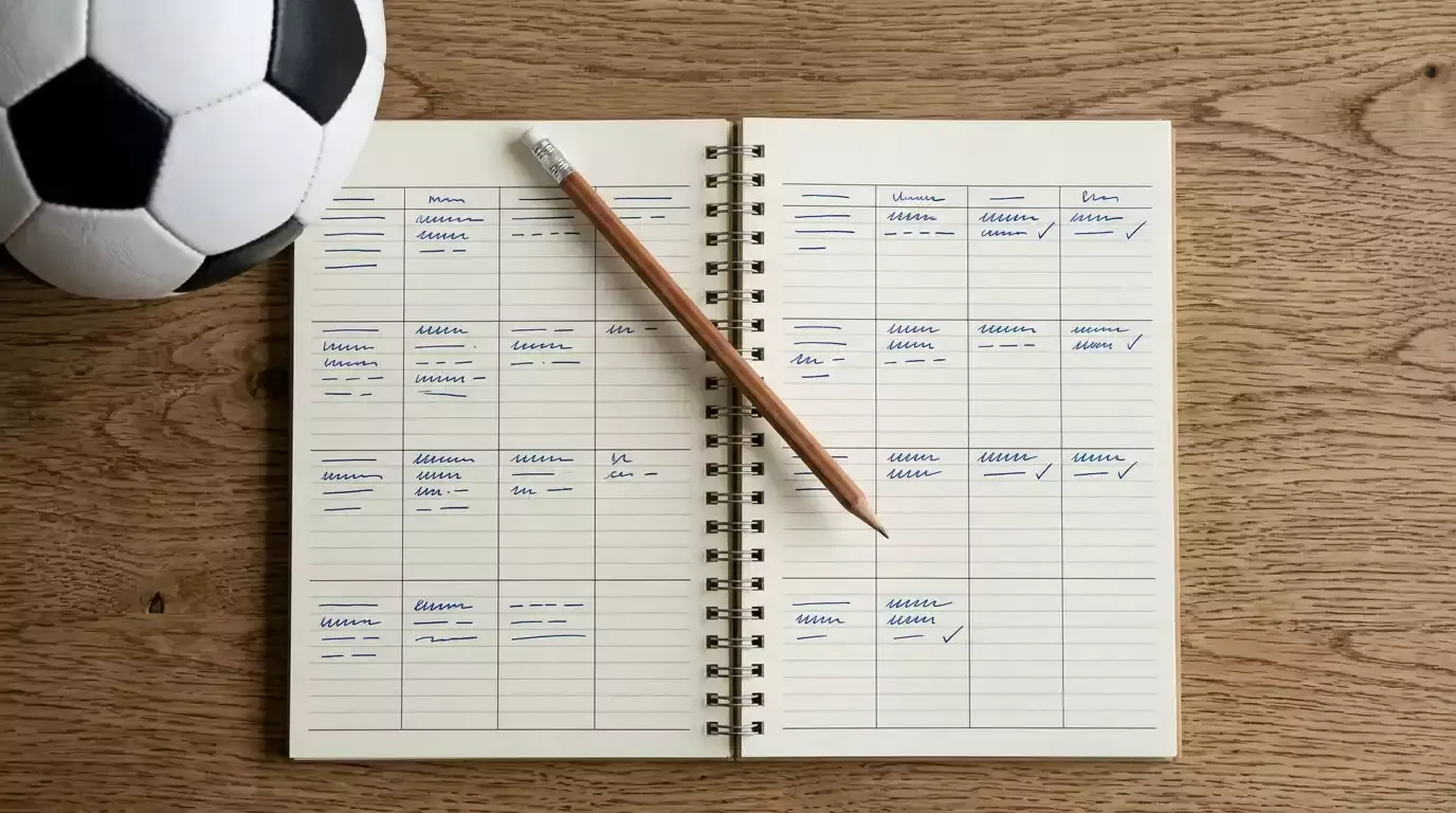 Skrivebord med planner-kalender og fodbold i naturligt lys