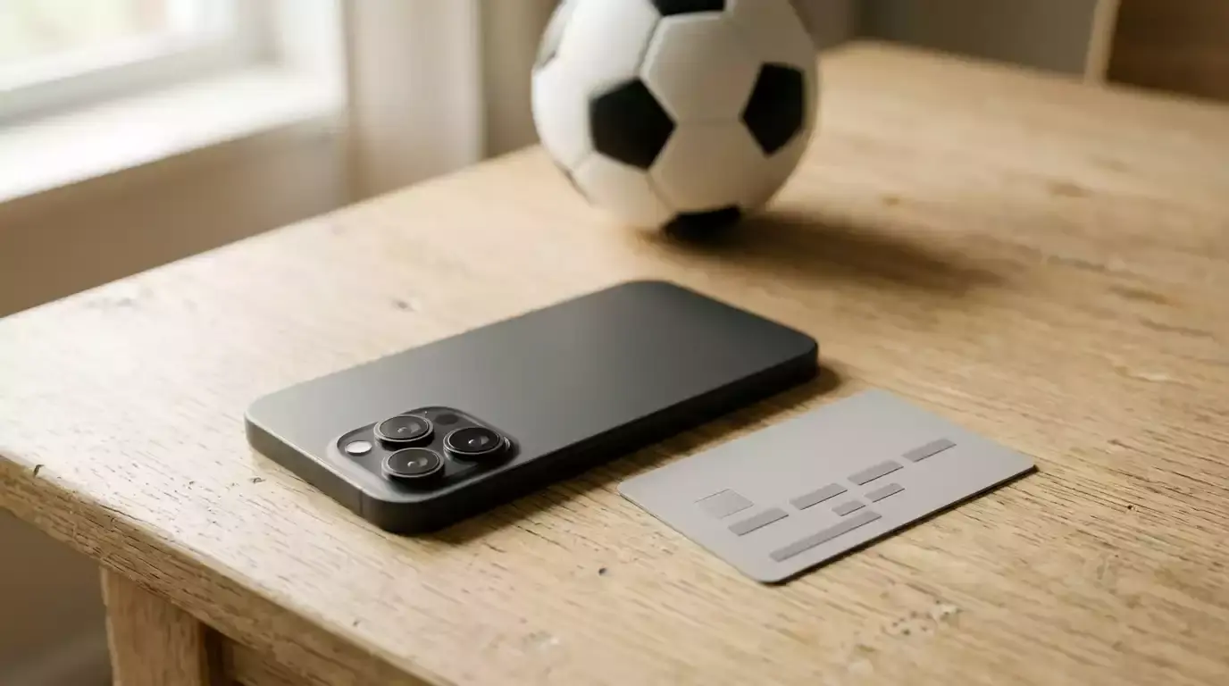 Smartphone og bankkort ved siden af fodbold på træbord
