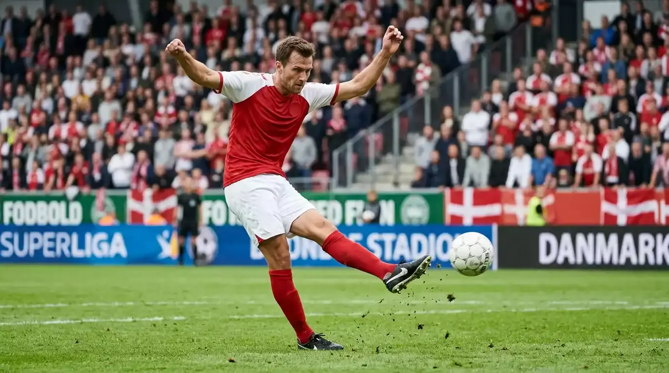 Fodboldspiller sparker til bolden på en dansk Superliga-bane under kampaktion