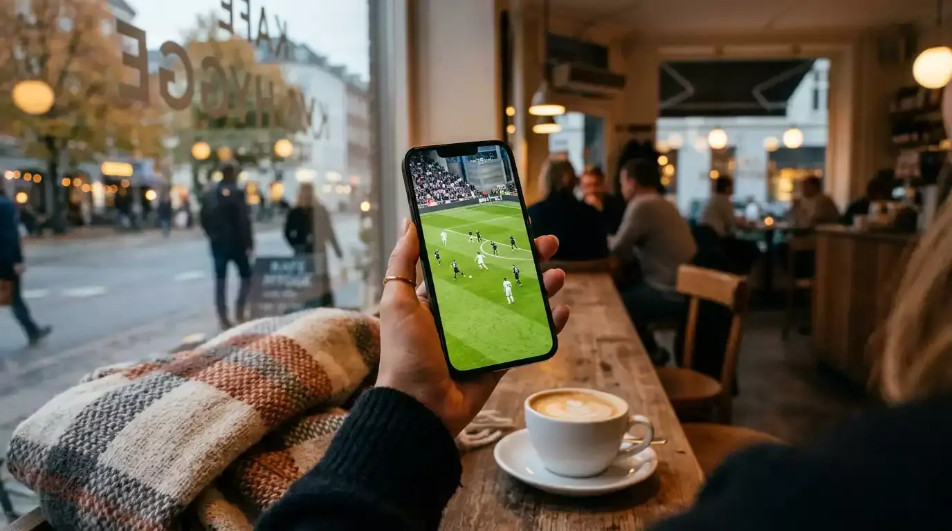 Smartphone med live fodboldkamp på skærmen holdt i hånden på caféterrasse