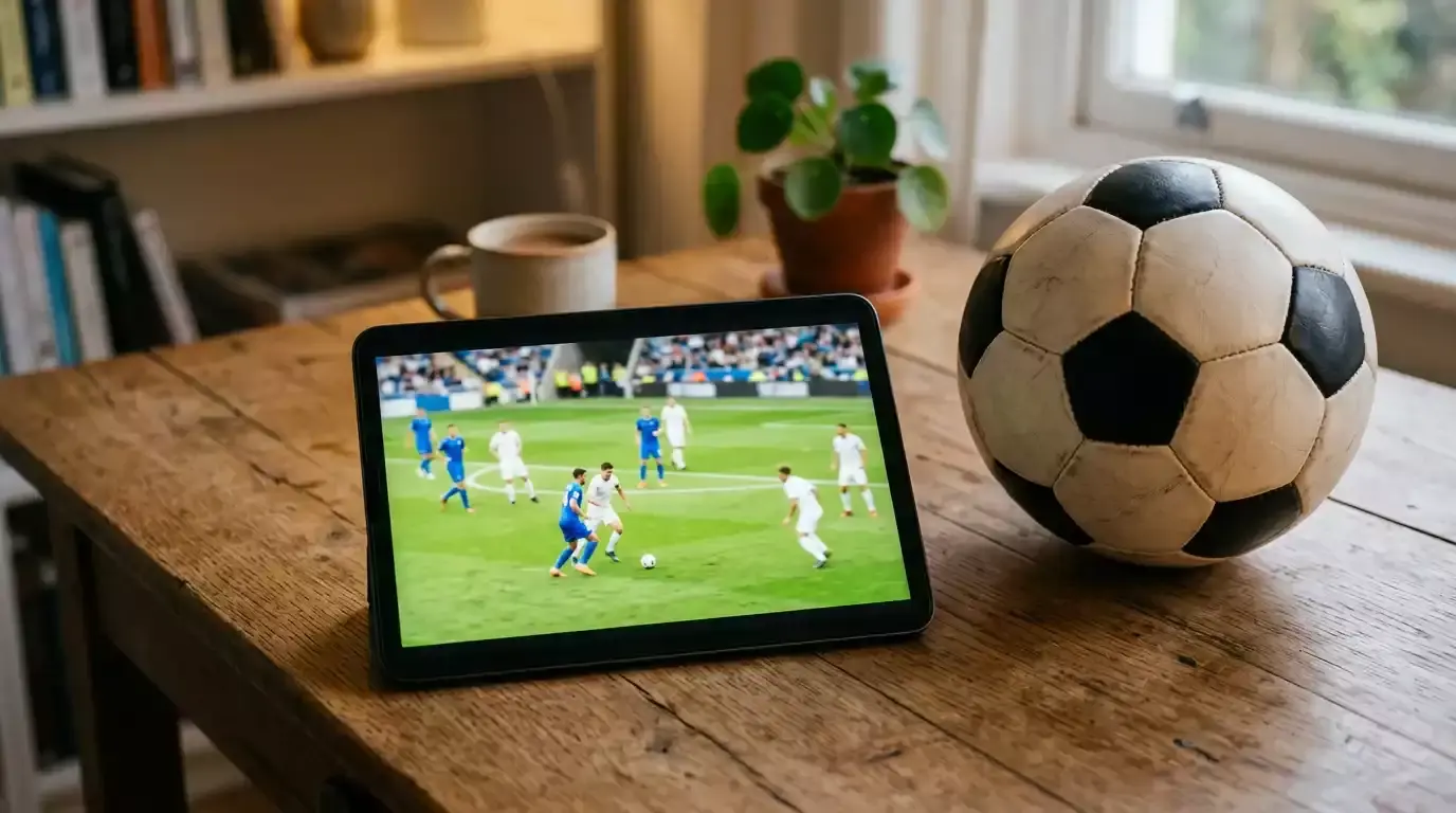 Tablet på skrivebord med blurret fodboldkamp og fodbold ved siden