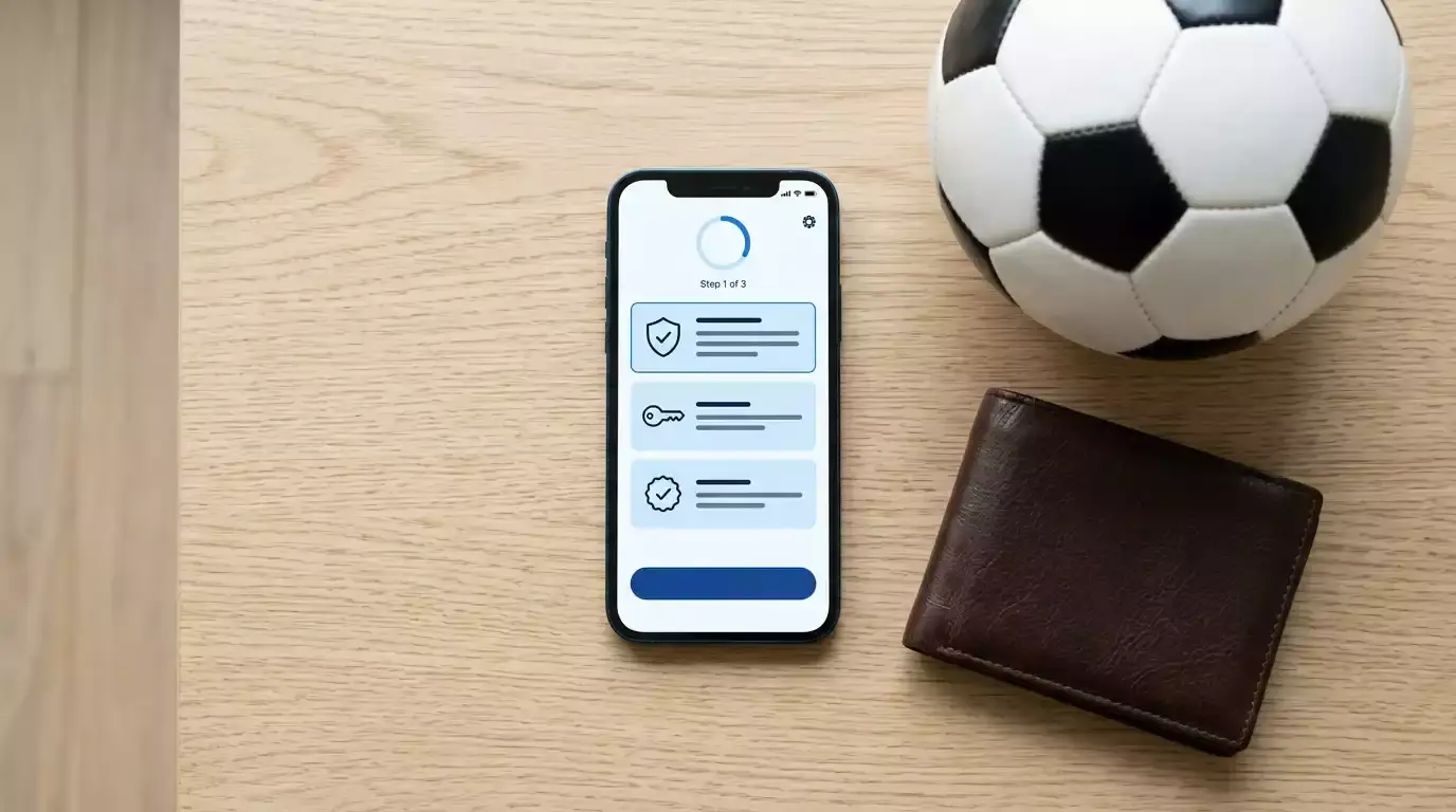 Smartphone med MitID-app og fodbold i baggrunden på træbord