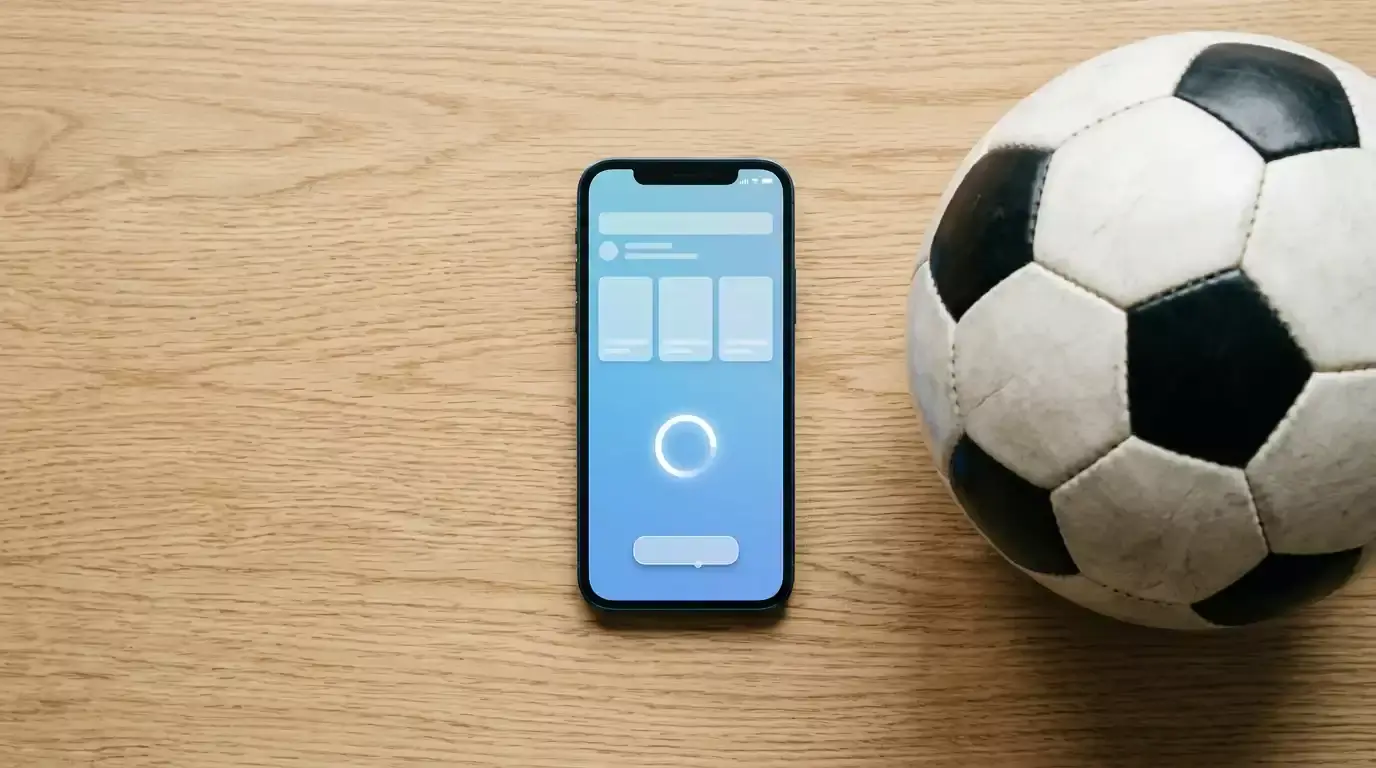 Smartphone med generisk app ved siden af fodbold på træbord