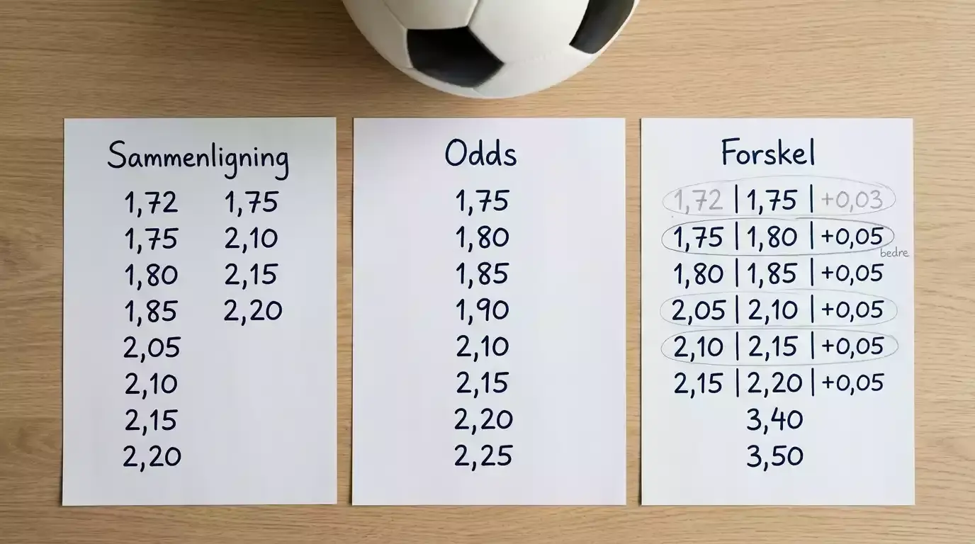 Tre åbne papirskemaer til odds-sammenligning og en fodbold på bord