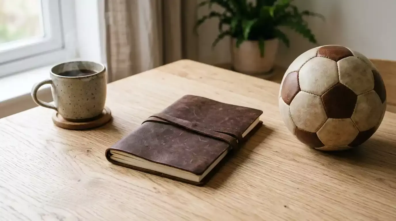 Lukket notesbog og fodbold på træbord med rolig atmosfære