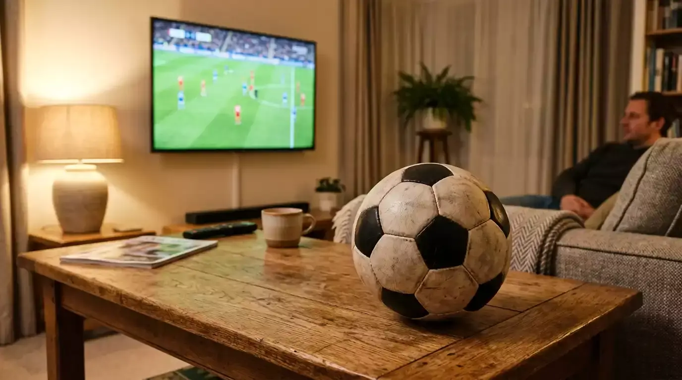 Fjernsyn med fodboldkamp og fodbold i forgrunden i dagligstue