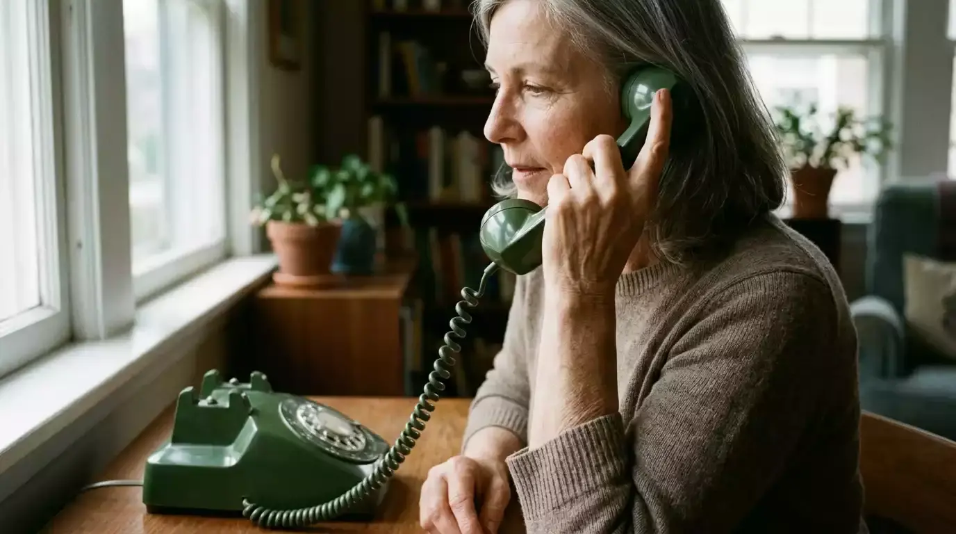 Fasttelefonrør i hånd ved vindue med blød dagslys