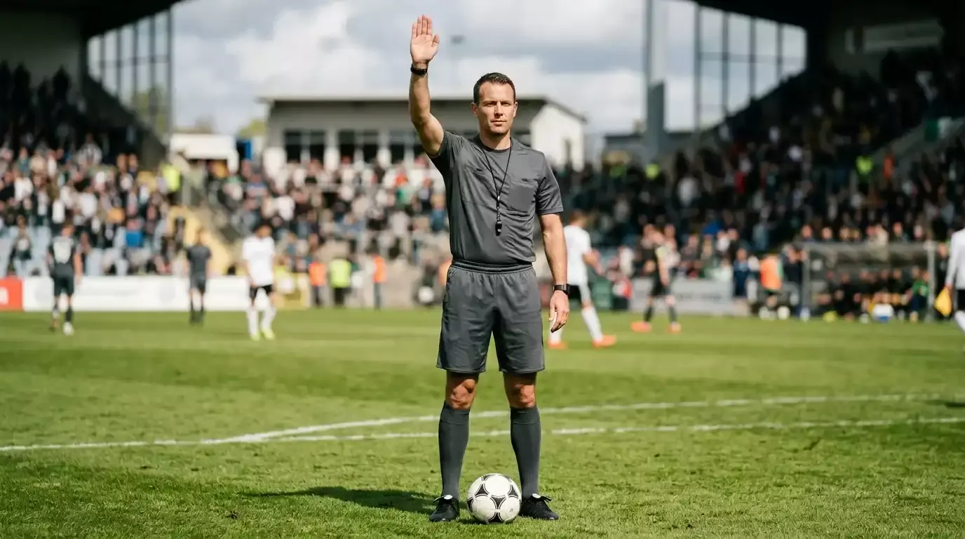 Fodbolddommer holder pause under kamp med hånd løftet mod spillerne