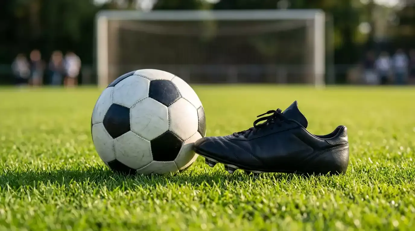 Støvle og fodbold på græs klar til skudforsøg på mål