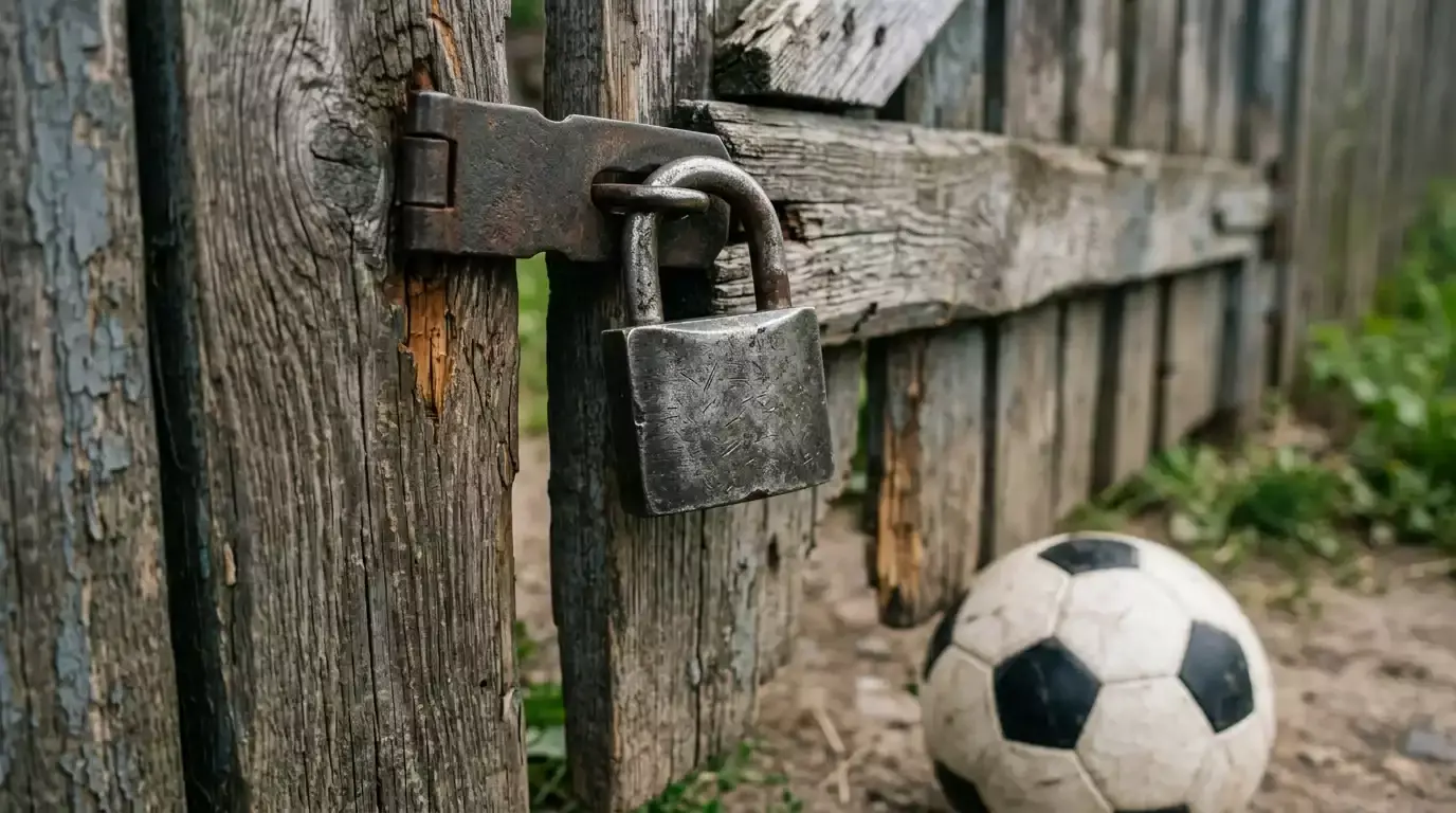 Lukket hængelås på trælågt med sort og hvid fodbold ved siden