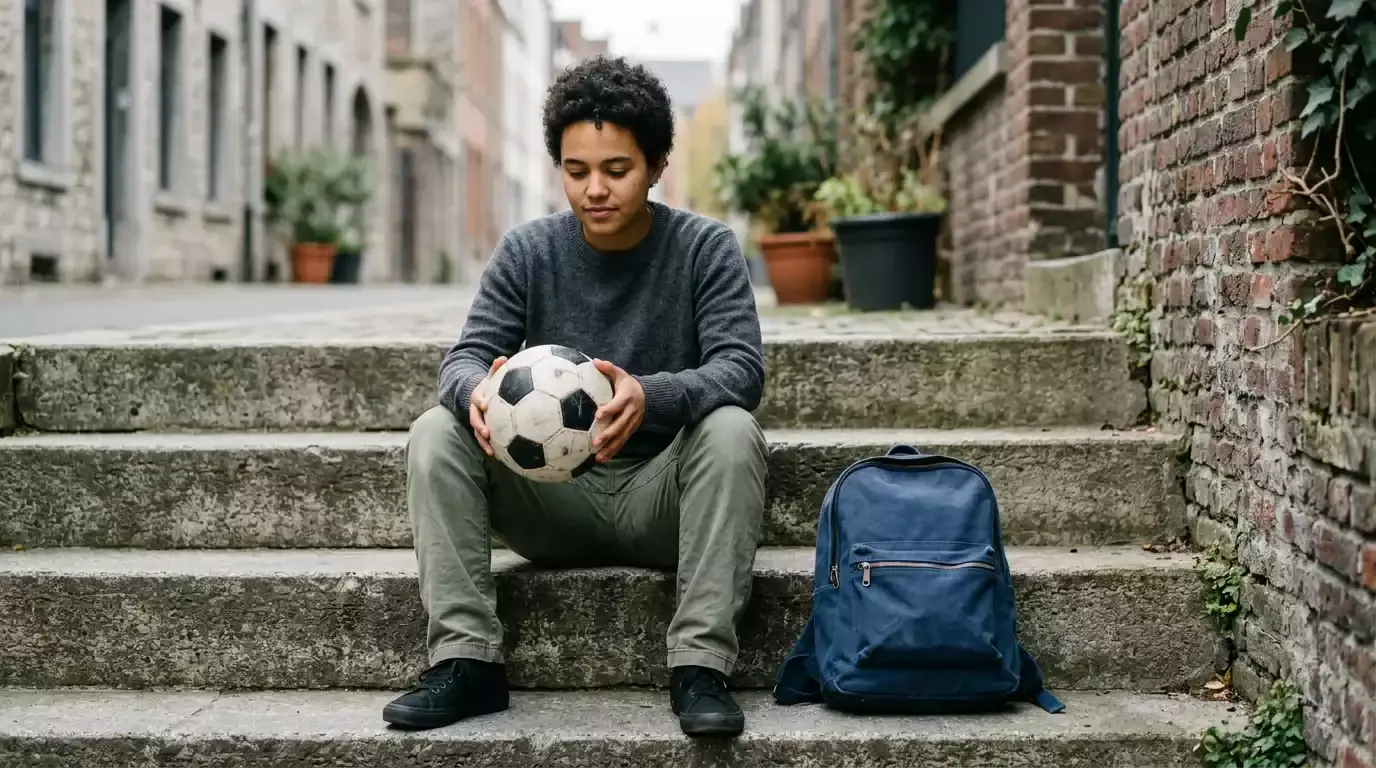 Ung person på trappe med rygsæk og fodbold i hånden
