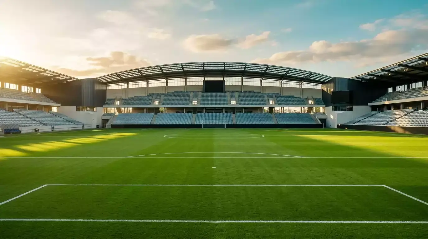 Dansk fodboldbane set fra tribunen med klart aftenlys før kampstart